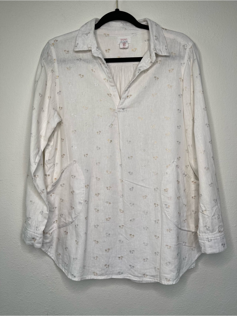 Sigrid Olsen Pullover Tunic Top Womens M Linen Blend White Metallic Palm Trees